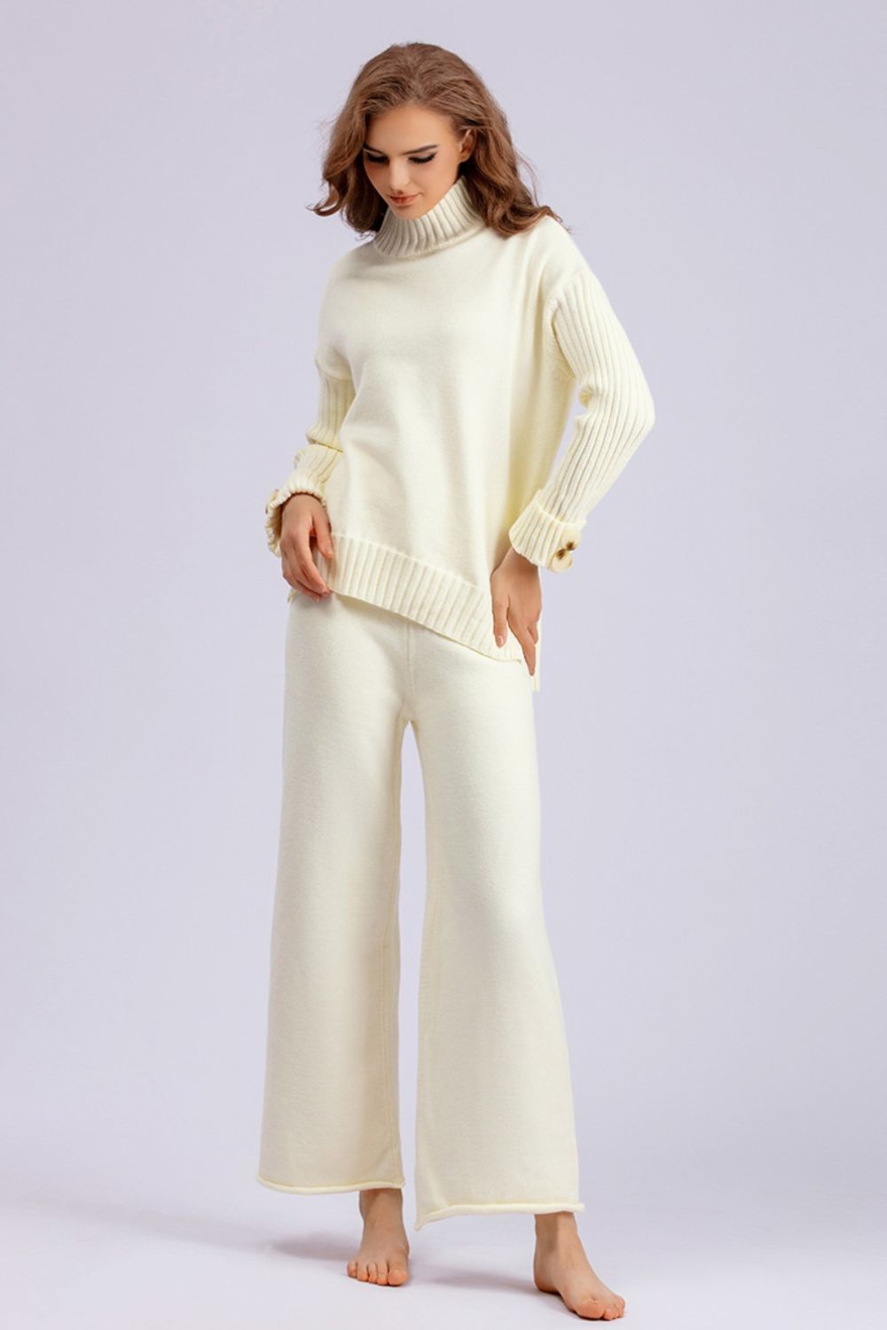 Set - Basic Bae High- Low Turtleneck Long Sleeve Top and Pants Sweater Set