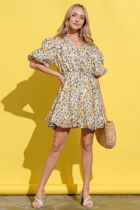 And The Why - Floral Surplice Puff Sleeve Dress