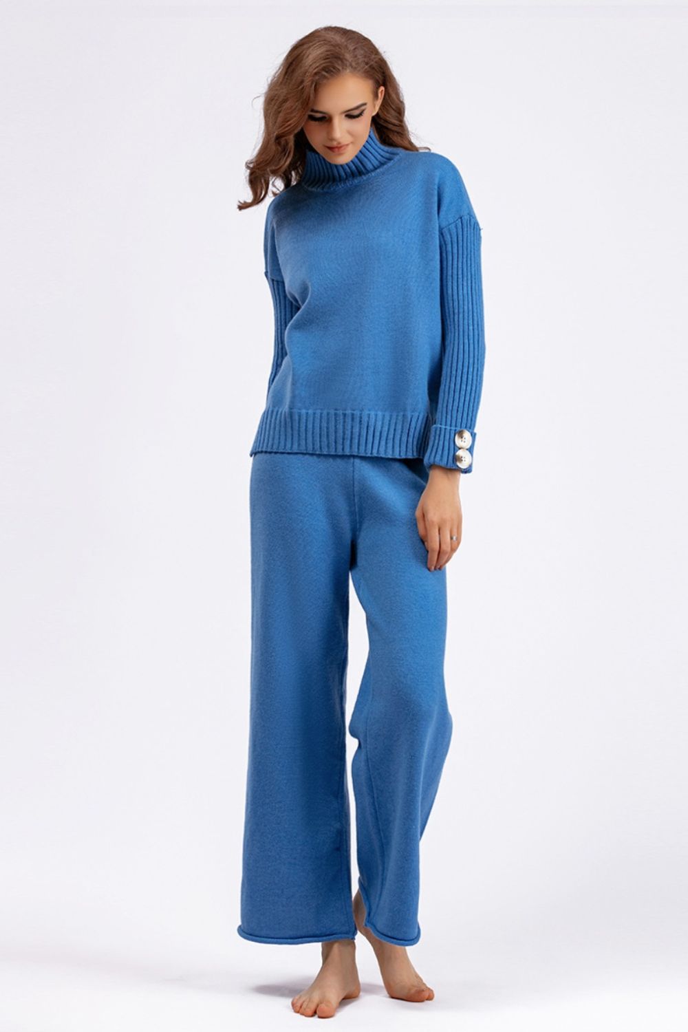 Set - Basic Bae High- Low Turtleneck Long Sleeve Top and Pants Sweater Set