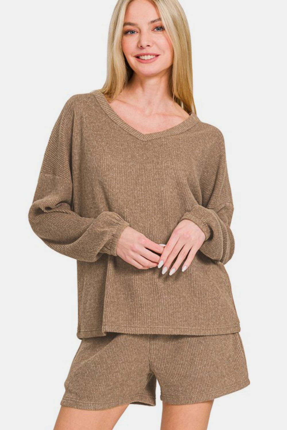 Set - Zenana - V-Neck Long Sleeve Knit Top and Shorts