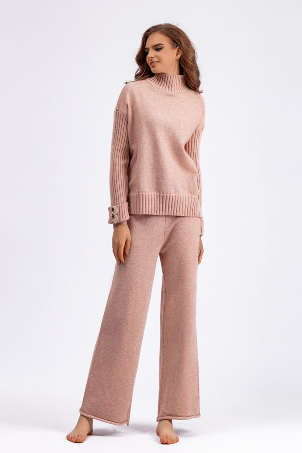 Set - Basic Bae High- Low Turtleneck Long Sleeve Top and Pants Sweater Set