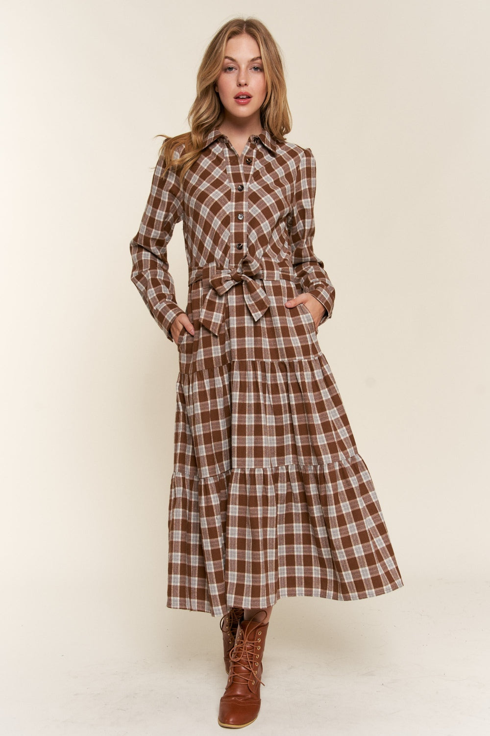 And the Why - Plaid Tiered Midi Shirt Dress