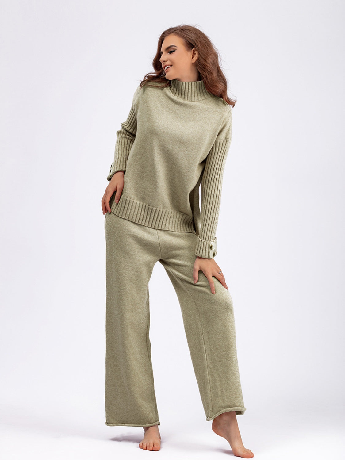 Set - Basic Bae High- Low Turtleneck Long Sleeve Top and Pants Sweater Set