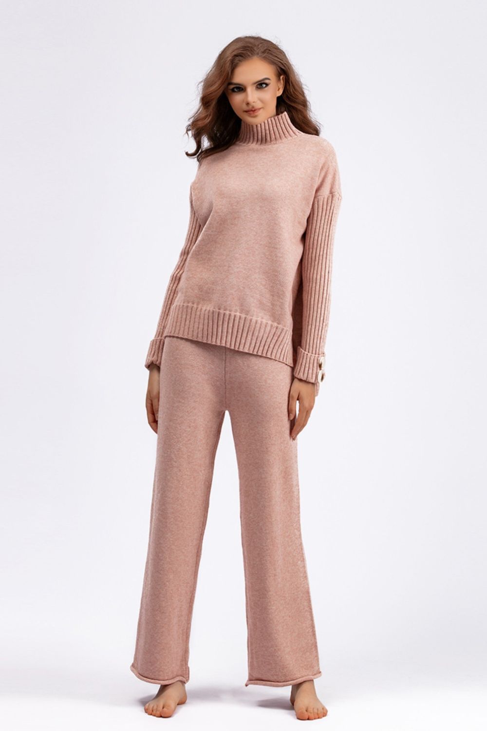 Set - Basic Bae High- Low Turtleneck Long Sleeve Top and Pants Sweater Set