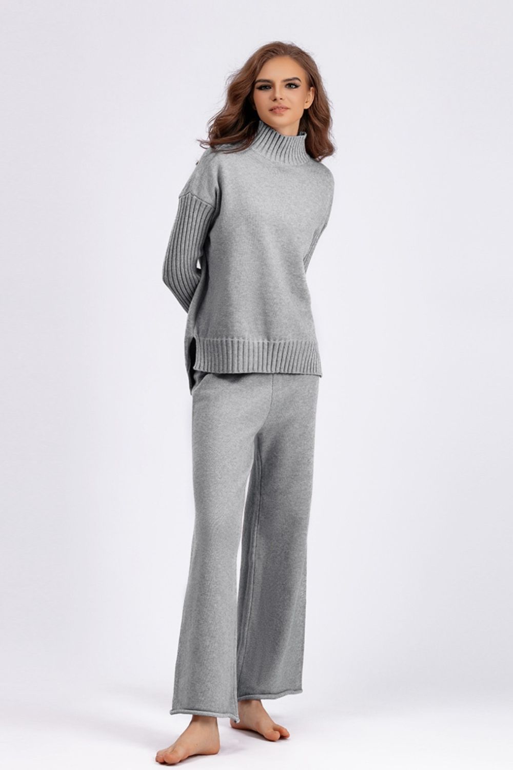 Set - Basic Bae High- Low Turtleneck Long Sleeve Top and Pants Sweater Set