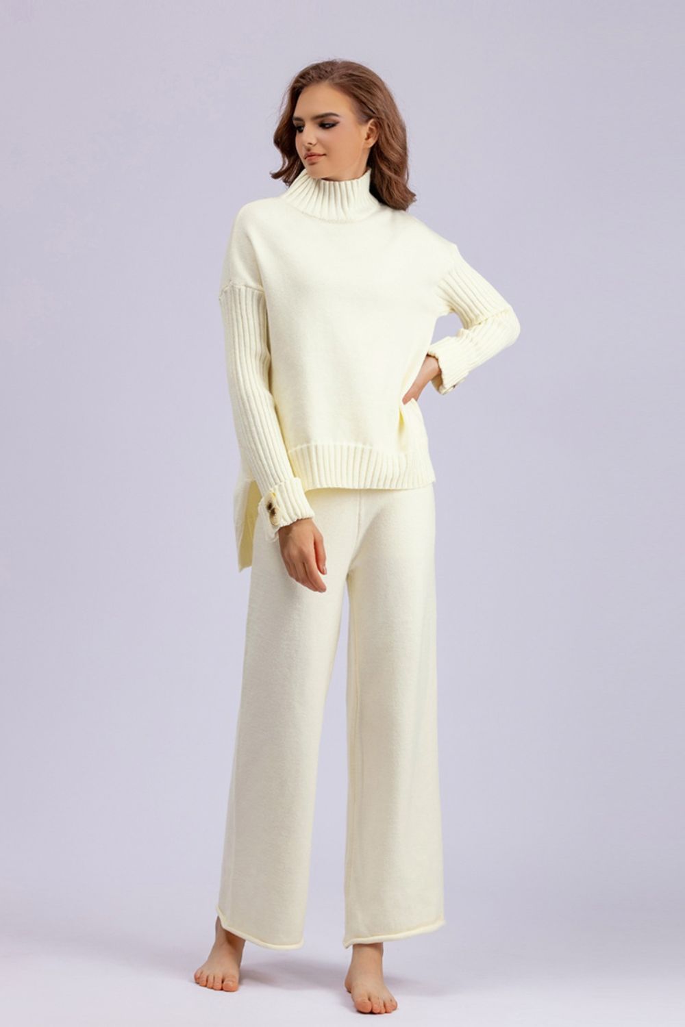 Set - Basic Bae High- Low Turtleneck Long Sleeve Top and Pants Sweater Set