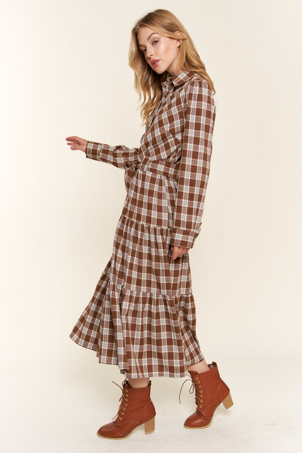 And the Why - Plaid Tiered Midi Shirt Dress