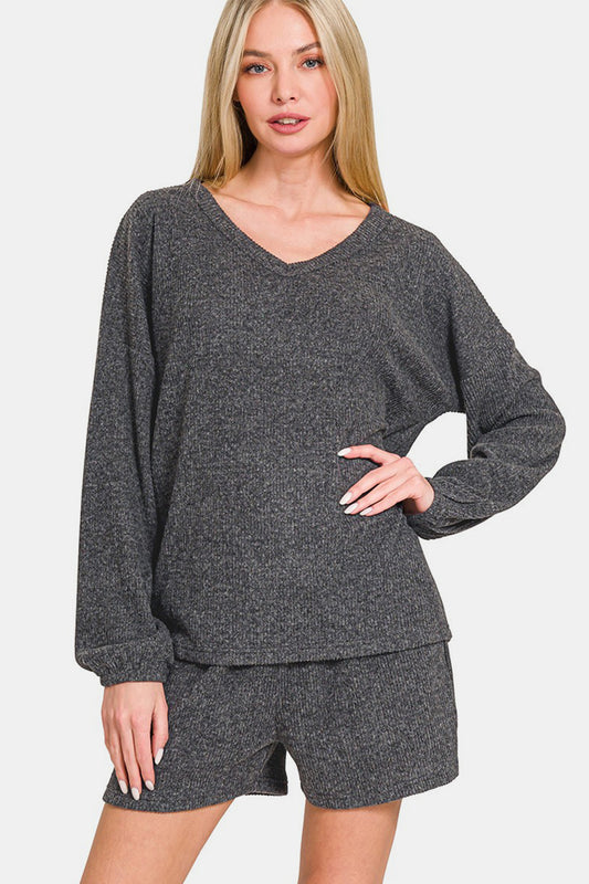 Set - Zenana V-Neck Long Sleeve Knit Top and Shorts