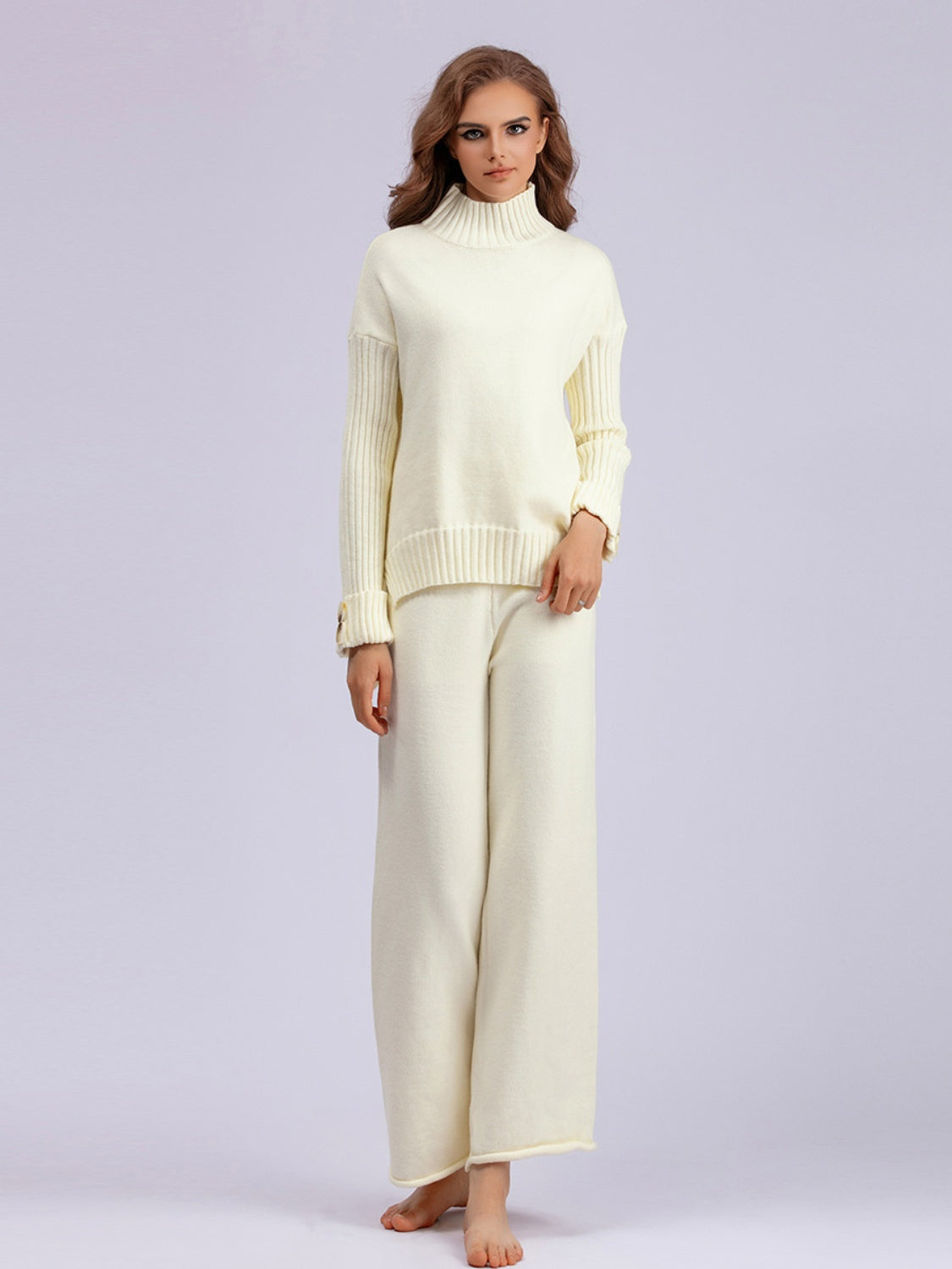 Set - Basic Bae High- Low Turtleneck Long Sleeve Top and Pants Sweater Set