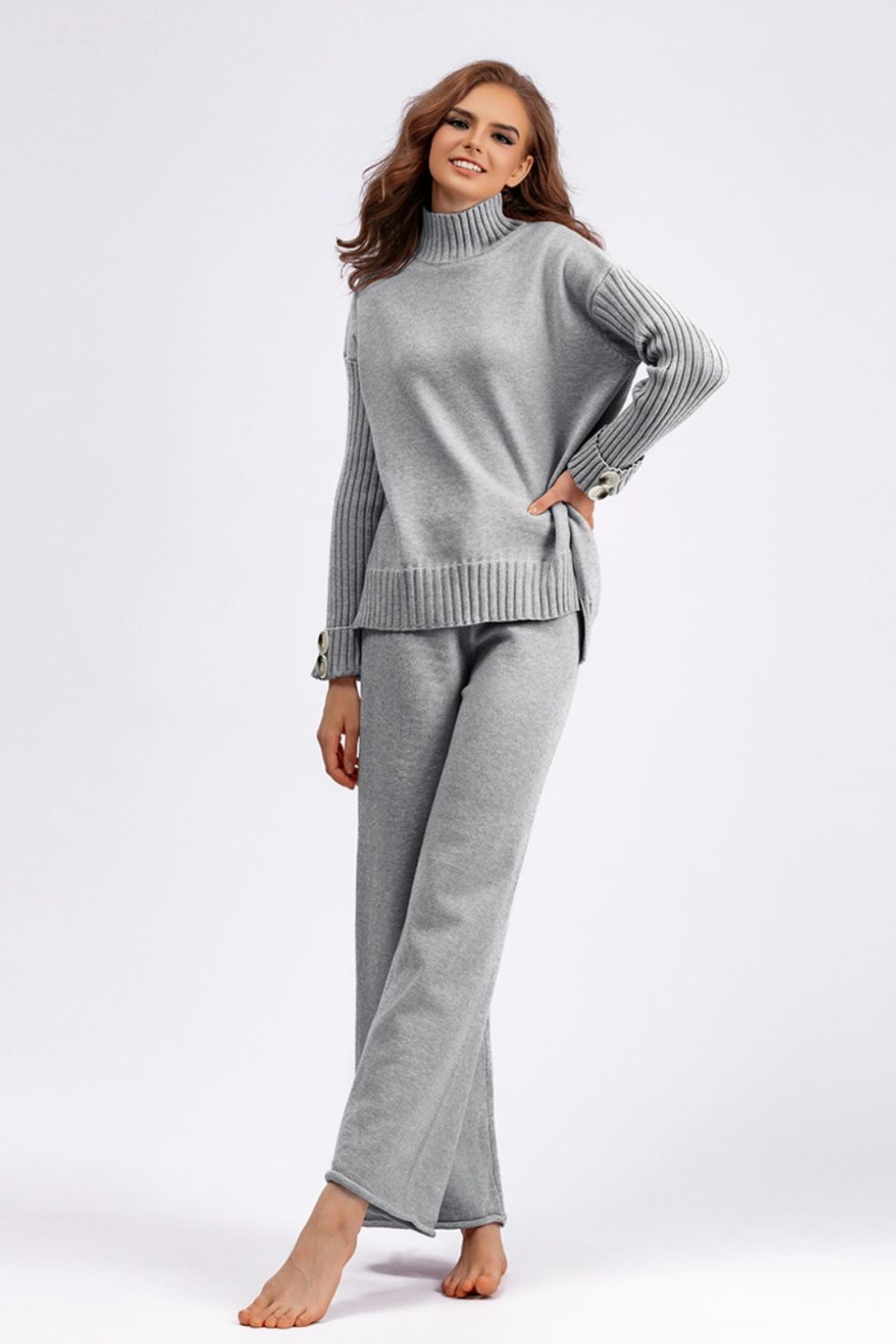 Set - Basic Bae High- Low Turtleneck Long Sleeve Top and Pants Sweater Set