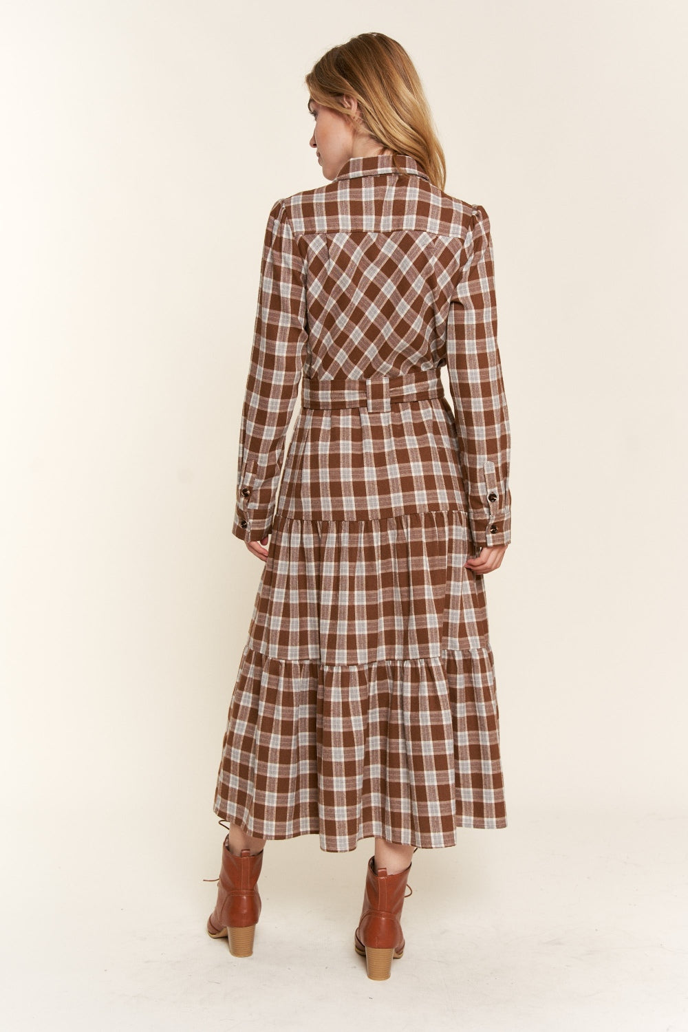 And the Why - Plaid Tiered Midi Shirt Dress