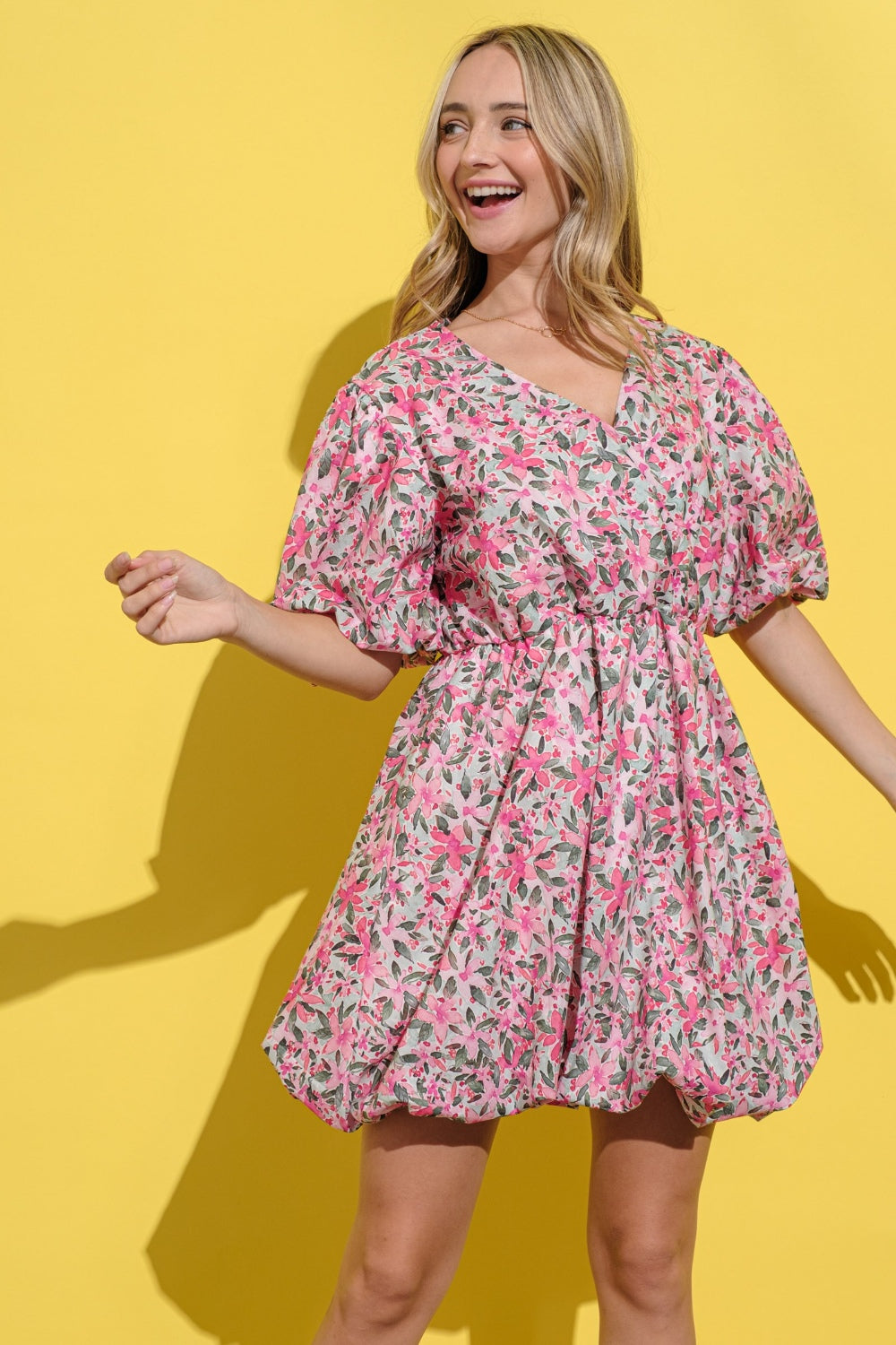 And The Why - Floral Surplice Puff Sleeve Dress