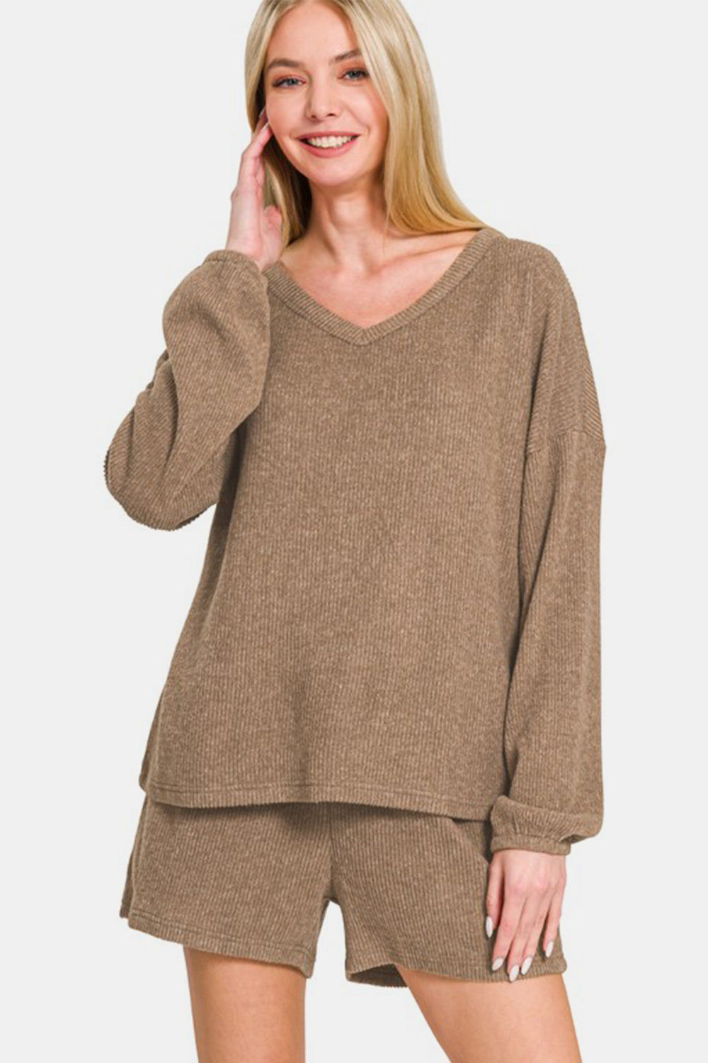 Set - Zenana - V-Neck Long Sleeve Knit Top and Shorts