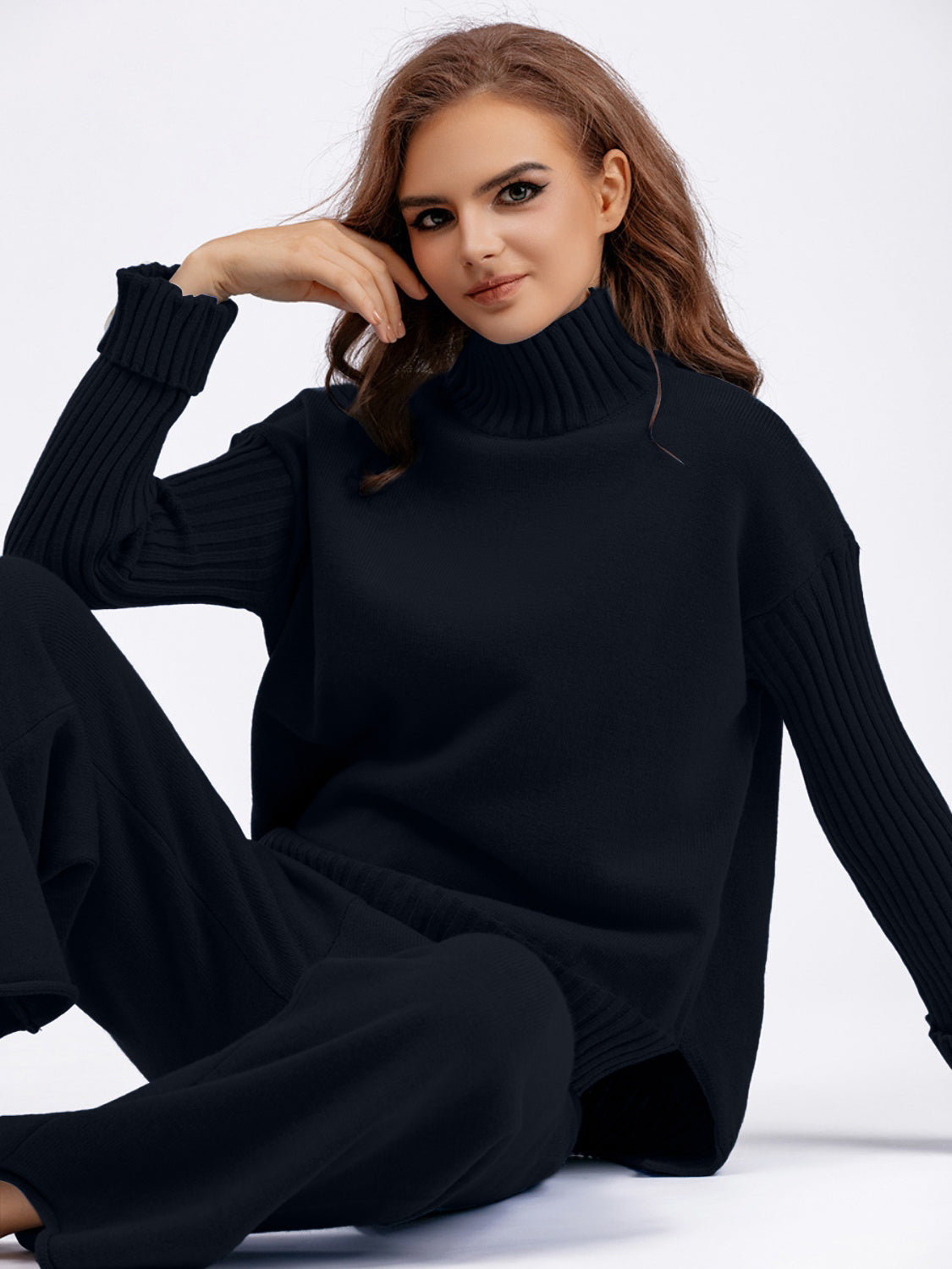 Set - Basic Bae High- Low Turtleneck Long Sleeve Top and Pants Sweater Set