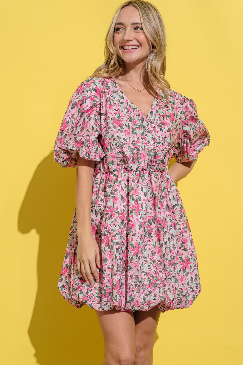 And The Why - Floral Surplice Puff Sleeve Dress